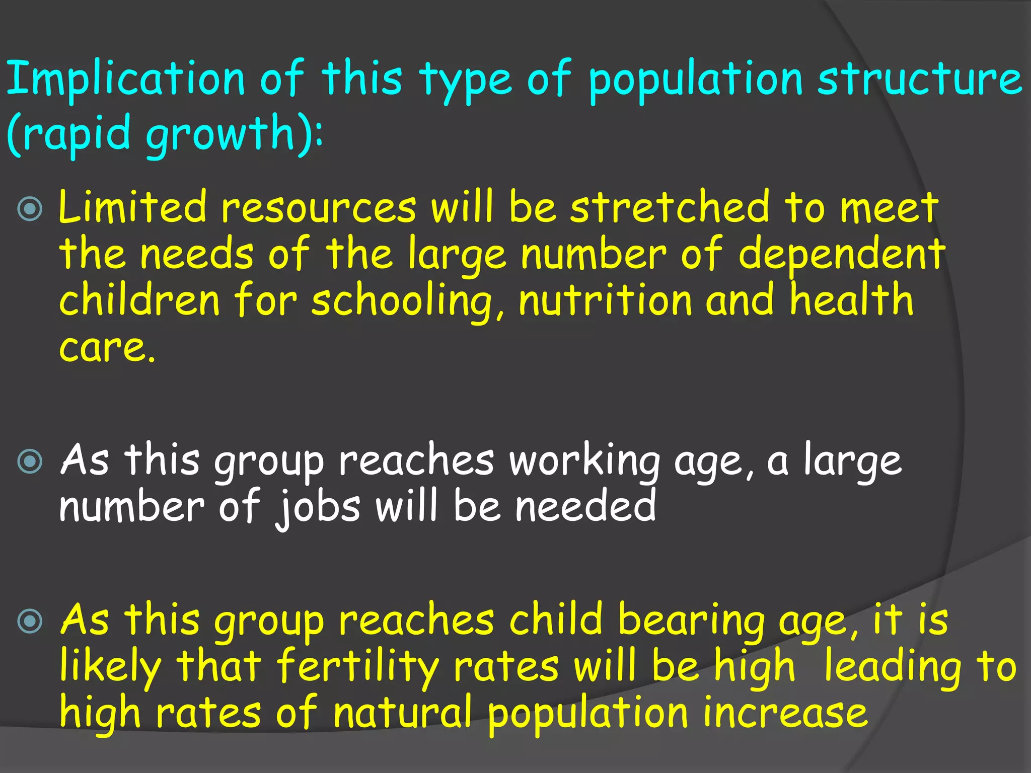 Implication of this type of population structure
(rapid growth):
   Limited resources will be stretched to meet
    the needs of the large number of dependent
    children for schooling, nutrition and health
    care.

   As this group reaches working age, a large
    number of jobs will be needed

   As this group reaches child bearing age, it is
    likely that fertility rates will be high leading to
    high rates of natural population increase
 