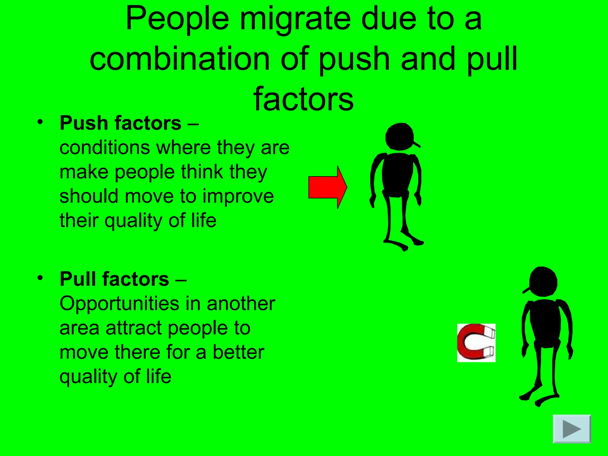 People migrate due to a
combination of push and pull
factors
• Push factors –
conditions where they are
make people think they
should move to improve
their quality of life
• Pull factors –
Opportunities in another
area attract people to
move there for a better
quality of life
 