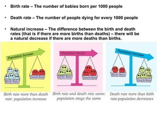 • Birth rate – The number of babies born per 1000 people
• Death rate – The number of people dying for every 1000 people
• Natural increase – The difference between the birth and death
rates (that is if there are more births than deaths) – there will be
a natural decrease if there are more deaths than births.
 