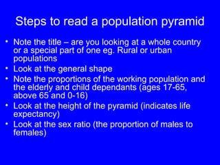 Steps to read a population pyramid
• Note the title – are you looking at a whole country
or a special part of one eg. Rural or urban
populations
• Look at the general shape
• Note the proportions of the working population and
the elderly and child dependants (ages 17-65,
above 65 and 0-16)
• Look at the height of the pyramid (indicates life
expectancy)
• Look at the sex ratio (the proportion of males to
females)
 