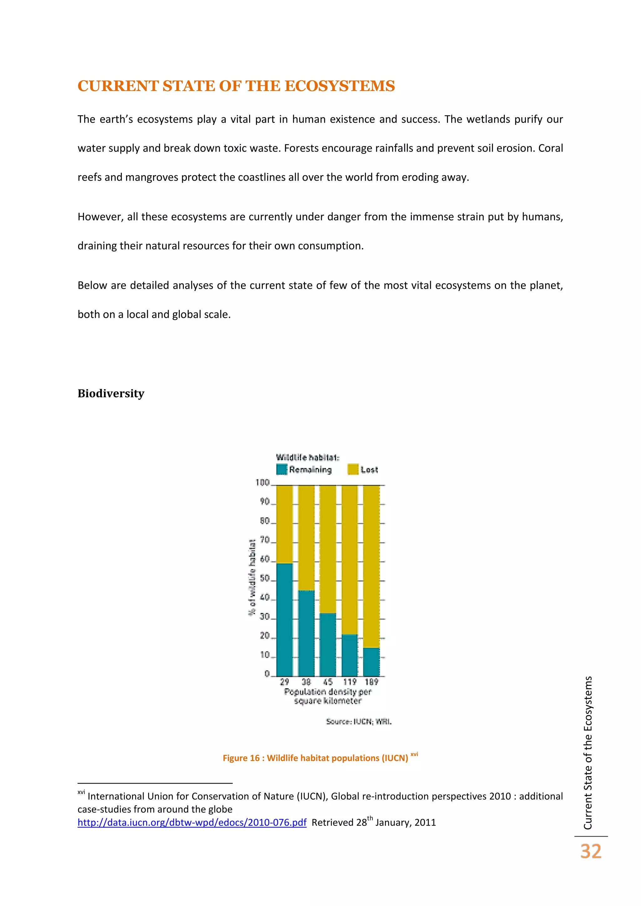 CURRENT STATE OF THE ECOSYSTEMS
The earth’s ecosystems play a vital part in human existence and success. The wetlands purify our
water supply and break down toxic waste. Forests encourage rainfalls and prevent soil erosion. Coral
reefs and mangroves protect the coastlines all over the world from eroding away.
However, all these ecosystems are currently under danger from the immense strain put by humans,
draining their natural resources for their own consumption.
Below are detailed analyses of the current state of few of the most vital ecosystems on the planet,
both on a local and global scale.

Figure 16 : Wildlife habitat populations (IUCN)

xvi

xvi

International Union for Conservation of Nature (IUCN), Global re-introduction perspectives 2010 : additional
case-studies from around the globe
th
http://data.iucn.org/dbtw-wpd/edocs/2010-076.pdf Retrieved 28 January, 2011

Current State of the Ecosystems

Biodiversity

32

 