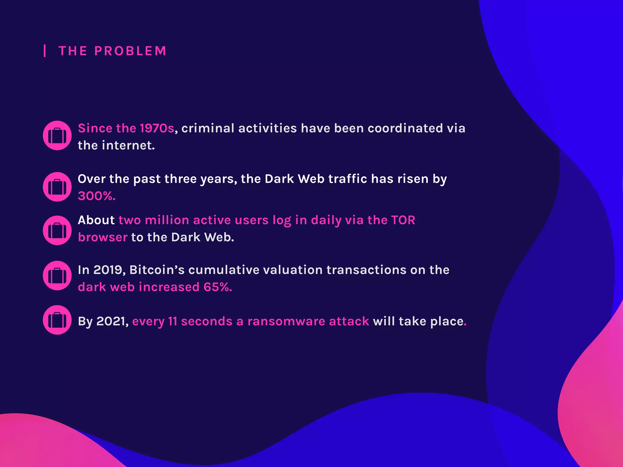 About two million active users log in daily via the TOR
browser to the Dark Web.
|  THE PROBLEM
In 2019, Bitcoin’s cumulative valuation transactions on the
dark web increased 65%.
By 2021, every 11 seconds a ransomware attack will take place.
Since the 1970s, criminal activities have been coordinated via
the internet.
Over the past three years, the Dark Web traffic has risen by
300%.
 