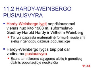  Hardy-Weinbergo lygtį nepriklausomai
vienas nuo kito 1908 m. suformulavo
Godfrey Harold Hardy ir Wilhelm Weinberg
 Tai yra paprasta matematinė formulė, susiejanti
alelių ir genotipų dažnius populiacijoje
 Hardy-Weinbergo lygtis taip pat dar
vadinama pusiausvyra
 Esant tam tikroms sąlygoms alelių ir genotipų
dažnis populiacijoje nesikeičia
11.2 HARDY-WEINBERGO
PUSIAUSVYRA
11-13
 
