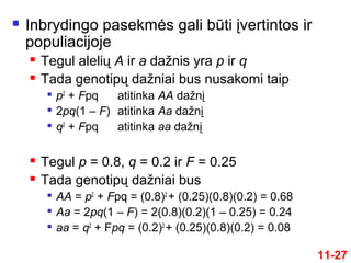 11-27
 Inbrydingo pasekmės gali būti įvertintos ir
populiacijoje
 Tegul alelių A ir a dažnis yra p ir q
 Tada genotipų dažniai bus nusakomi taip

p2
+ Fpq atitinka AA dažnį

2pq(1 – F) atitinka Aa dažnį

q2
+ Fpq atitinka aa dažnį
 Tegul p = 0.8, q = 0.2 ir F = 0.25
 Tada genotipų dažniai bus

AA = p2
+ Fpq = (0.8)2
+ (0.25)(0.8)(0.2) = 0.68

Aa = 2pq(1 – F) = 2(0.8)(0.2)(1 – 0.25) = 0.24

aa = q2
+ Fpq = (0.2)2
+ (0.25)(0.8)(0.2) = 0.08
 