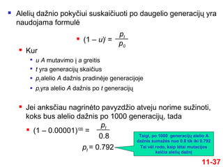  Alelių dažnio pokyčiui suskaičiuoti po daugelio generacijų yra
naudojama formulė
11-37
 (1 – u)t
=
pt
p0
 Kur

u A mutavimo į a greitis

t yra generacijų skaičius
 p0 alelio A dažnis pradinėje generacijoje
 pt yra alelio A dažnis po t generacijų
 Jei anksčiau nagrinėto pavyzdžio atveju norime sužinoti,
koks bus alelio dažnis po 1000 generacijų, tada
 (1 – 0.00001)1000
=
pt
0.8
pt = 0.792
Taigi, po 1000 generacijų alelio A
dažnis sumažės nuo 0.8 tik iki 0.792
Tai vėl rodo, kaip lėtai mutacijos
keičia alelių dažnį
 