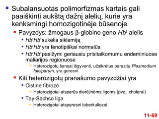  Subalansuotas polimorfizmas kartais gali
paaiškinti aukštą dažnį alelių, kurie yra
kenksmingi homozigotinėje būsenoje
 Pavyzdys: žmogaus β-globino geno HbS
alelis

HbS
HbS
sukelia siklemiją

HbA
HbA
yra fenotipiškai normalūs

HbA
HbS
pasižymi geriausiu prisitaikomumu endeminiuose
maliarijos regionuose
 Heterozigotų šansai išgyventi, užsikrėtus parazitu Plasmodium
falciparum, yra geresni
 Kiti heterozigotų pranašumo pavyzdžiai yra

Cistinė fibrozė
 Heterozigotai atsparūs diarėjinėms ligoms (pvz., cholerai)

Tay-Sachso liga
 Heterozigotai atsparesni tuberkuliozei
11-69
 