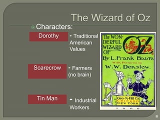 The Wizard of OzBasic Symbols:10Ruby Slippers- In the book, were actually “Silver Slippers” (magic of Free Silver)Yellow Brick Road- “Gold” many dangers for regular people (like Dorothy)Oz- Abbreviation for Ounce (way gold is measured)