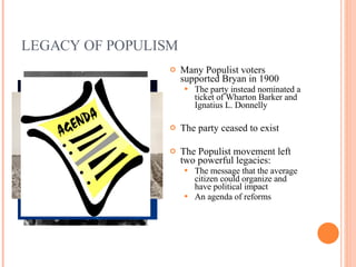 LEGACY OF POPULISM Many Populist voters supported Bryan in 1900 The party instead nominated a ticket of Wharton Barker and Ignatius L. Donnelly The party ceased to exist The Populist movement left two powerful legacies: The message that the average citizen could organize and have political impact An agenda of reforms 