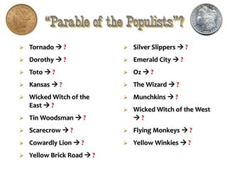 “Parable of the Populists”?
 Tornado  ?
 Dorothy  ?
 Toto  ?
 Kansas  ?
 Wicked Witch of the
East  ?
 Tin Woodsman  ?
 Scarecrow  ?
 Cowardly Lion  ?
 Yellow Brick Road  ?
 Silver Slippers  ?
 Emerald City  ?
 Oz  ?
 The Wizard  ?
 Munchkins  ?
 Wicked Witch of the West
 ?
 Flying Monkeys  ?
 Yellow Winkies  ?
 