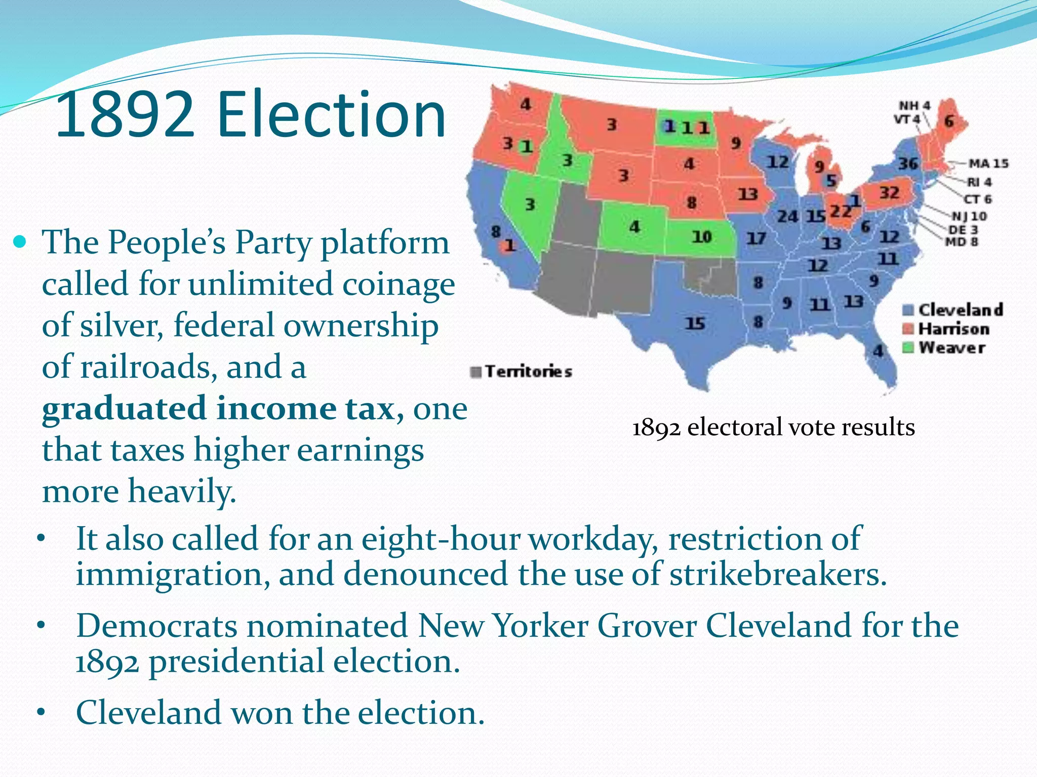 1892 Election
 The People’s Party platform
called for unlimited coinage
of silver, federal ownership
of railroads, and a
graduated income tax, one
that taxes higher earnings
more heavily.
• It also called for an eight-hour workday, restriction of
immigration, and denounced the use of strikebreakers.
• Democrats nominated New Yorker Grover Cleveland for the
1892 presidential election.
• Cleveland won the election.
1892 electoral vote results
 