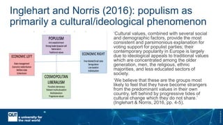 CRICOSNo.00213J
Inglehart and Norris (2016): populism as
primarily a cultural/ideological phenomenon
‘Cultural values, combined with several social
and demographic factors, provide the most
consistent and parsimonious explanation for
voting support for populist parties; their
contemporary popularity in Europe is largely
due to ideological appeals to traditional values
which are concentrated among the older
generation, men, the religious, ethnic
majorities, and less educated sectors of
society.
‘We believe that these are the groups most
likely to feel that they have become strangers
from the predominant values in their own
country, left behind by progressive tides of
cultural change which they do not share.’
(Inglehart & Norris, 2016, pp. 4-5).
 