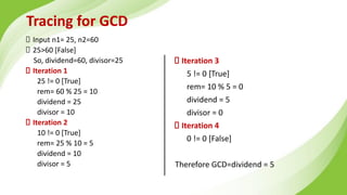Tracing for GCD
Input n1= 25, n2=60
25>60 [False]
So, dividend=60, divisor=25
Iteration 1
25 != 0 [True]
rem= 60 % 25 = 10
dividend = 25
divisor = 10
Iteration 2
10 != 0 [True]
rem= 25 % 10 = 5
dividend = 10
divisor = 5
Iteration 3
5 != 0 [True]
rem= 10 % 5 = 0
dividend = 5
divisor = 0
Iteration 4
0 != 0 [False]
Therefore GCD=dividend = 5
 