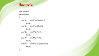 Example:
char grade=‘C’;
switch(grade)
{
case ‘A’: printf(“n Excellent”);
break;
case ‘B’: printf(“n GOOD”);
break;
case ‘C’: printf(“n Fair”);
break;
case ‘F’: printf(“n Fail”);
break;
default: printf(“n Invalid Grade”);
break;
}
 
