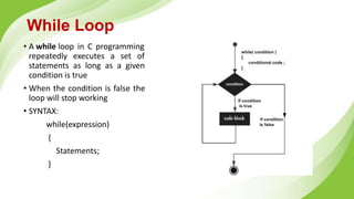 While Loop
• A while loop in C programming
repeatedly executes a set of
statements as long as a given
condition is true
• When the condition is false the
loop will stop working
• SYNTAX:
while(expression)
{
Statements;
}
 