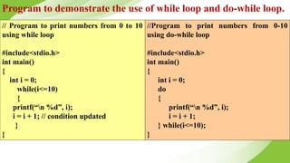 Program to demonstrate the use of while loop and do-while loop.
// Program to print numbers from 0 to 10
using while loop
#include<stdio.h>
int main()
{
int i = 0;
while(i<=10)
{
printf(“n %d”, i);
i = i + 1; // condition updated
}
}
//Program to print numbers from 0-10
using do-while loop
#include<stdio.h>
int main()
{
int i = 0;
do
{
printf(“n %d”, i);
i = i + 1;
} while(i<=10);
}
 