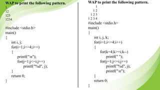 WAP to print the following pattern.
1
1 2
1 2 3
1 2 3 4
#include <stdio.h>
main()
{
int i, j, k;
for(i=1;i<=4;i++)
{
for(k=4;k>=i;k--)
printf(" ");
for(j=1;j<=i;j++)
printf("%d", j);
printf("n");
}
return 0;
}
WAP to print the following pattern.
1
12
123
1234
#include <stdio.h>
main()
{
int i, j;
for(i=1;i<=4;i++)
{
printf("n");
for(j=1;j<=i;j++)
printf("%d", j);
}
return 0;
}
 