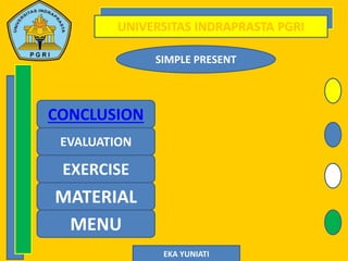 UNIVERSITAS INDRAPRASTA PGRI
EKA YUNIATI
MENU
MATERIAL
EXERCISE
EVALUATION
CONCLUSION
SIMPLE PRESENT
 