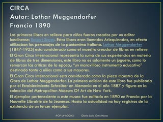 Los primeros libros en relieve para niños fueron creados por un editor
londinense: Robert Sayer. Estos libros eran llamados Arlequinadas, en efecto
utilizaban los personajes de la pantomima italiana. Lothar Meggendorfer
(1847-1925) esta considerado como el maestro creador de libros en relieve
El Gran Circo Internacional representa la suma de sus experiencias en materia
de libros de tres dimensiones, este libro no es solamente un juguete, como lo
remarcan las criticas de la epoca,: “un maravilloso instrumento educativo”
destinado tanto a niños como a sus mayores.
El Gran Circo Internacional esta considerada como la pieza maestra de la
Obra de Lothar Meggendorfer. La primera edicion de este libro fue publicada
por el Establecimiento Schreiber en Alemania en el año 1887 y figura en la
colección del Metropolitan Museum Of Art de New York.
El ejemplar perteneciente a este museo fue editado en 1890 en Francia por la
Nouvelle Librairie de la Jeunesse. Hasta la actualidad no hay registros de la
existencia de un tercer ejemplar.
                        -POP UP BOOKS-   Gloria Lucia Ortiz Hoyos
 