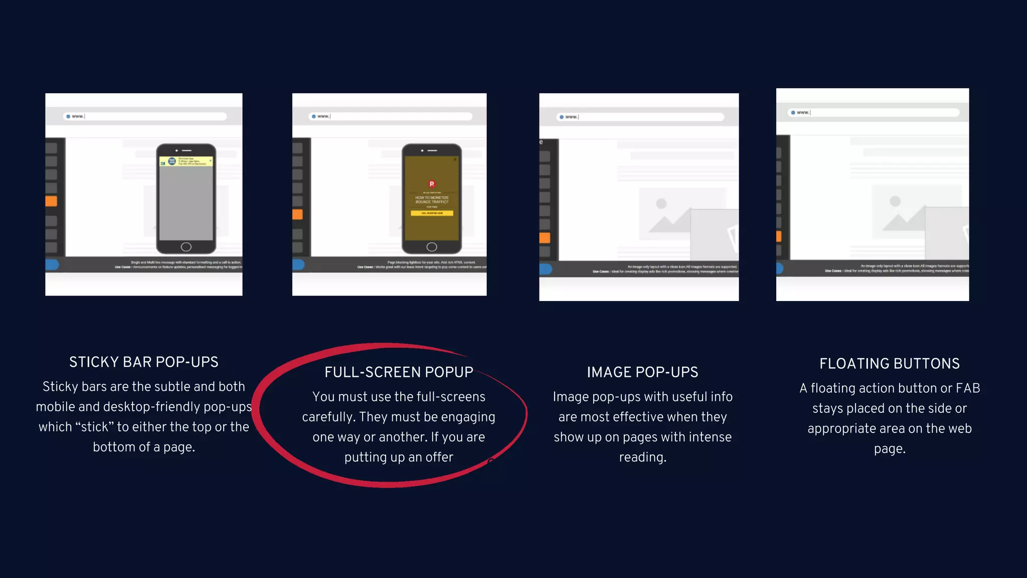 06
Sticky bars are the subtle and both
mobile and desktop-friendly pop-ups
which “stick” to either the top or the
bottom of a page.
STICKY BAR POP-UPS
You must use the full-screens
carefully. They must be engaging
one way or another. If you are
putting up an offer
FULL-SCREEN POPUP
Image pop-ups with useful info
are most effective when they
show up on pages with intense
reading.
IMAGE POP-UPS
A floating action button or FAB
stays placed on the side or
appropriate area on the web
page.
FLOATING BUTTONS
 