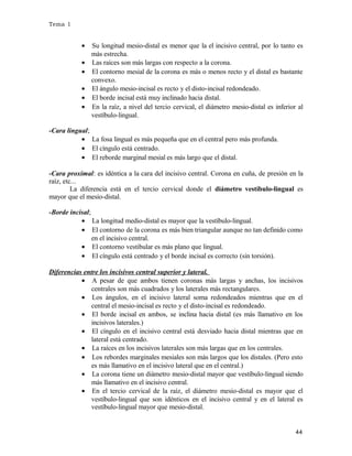 Tema 1

•
•
•
•
•
•

Su longitud mesio-distal es menor que la el incisivo central, por lo tanto es
más estrecha.
Las raíces son más largas con respecto a la corona.
El contorno mesial de la corona es más o menos recto y el distal es bastante
convexo.
El ángulo mesio-incisal es recto y el disto-incisal redondeado.
El borde incisal está muy inclinado hacia distal.
En la raíz, a nivel del tercio cervical, el diámetro mesio-distal es inferior al
vestíbulo-lingual.

-Cara lingual;
• La fosa lingual es más pequeña que en el central pero más profunda.
• El cíngulo está centrado.
• El reborde marginal mesial es más largo que el distal.
-Cara proximal: es idéntica a la cara del incisivo central. Corona en cuña, de presión en la
raíz, etc...
La diferencia está en el tercio cervical donde el diámetro vestíbulo-lingual es
mayor que el mesio-distal.
-Borde incisal;
• La longitud medio-distal es mayor que la vestíbulo-lingual.
• El contorno de la corona es más bien triangular aunque no tan definido como
en el incisivo central.
• El contorno vestibular es más plano que lingual.
• El cíngulo está centrado y el borde incisal es correcto (sin torsión).
Diferencias entre los incisivos central superior y lateral.
• A pesar de que ambos tienen coronas más largas y anchas, los incisivos
centrales son más cuadrados y los laterales más rectangulares.
• Los ángulos, en el incisivo lateral soma redondeados mientras que en el
central el mesio-incisal es recto y el disto-incisal es redondeado.
• El borde incisal en ambos, se inclina hacia distal (es más llamativo en los
incisivos laterales.)
• El cíngulo en el incisivo central está desviado hacia distal mientras que en
lateral está centrado.
• La raíces en los incisivos laterales son más largas que en los centrales.
• Los rebordes marginales mesiales son más largos que los distales. (Pero esto
es más llamativo en el incisivo lateral que en el central.)
• La corona tiene un diámetro mesio-distal mayor que vestíbulo-lingual siendo
más llamativo en el incisivo central.
• En el tercio cervical de la raíz, el diámetro mesio-distal es mayor que el
vestíbulo-lingual que son idénticos en el incisivo central y en el lateral es
vestíbulo-lingual mayor que mesio-distal.

44

 