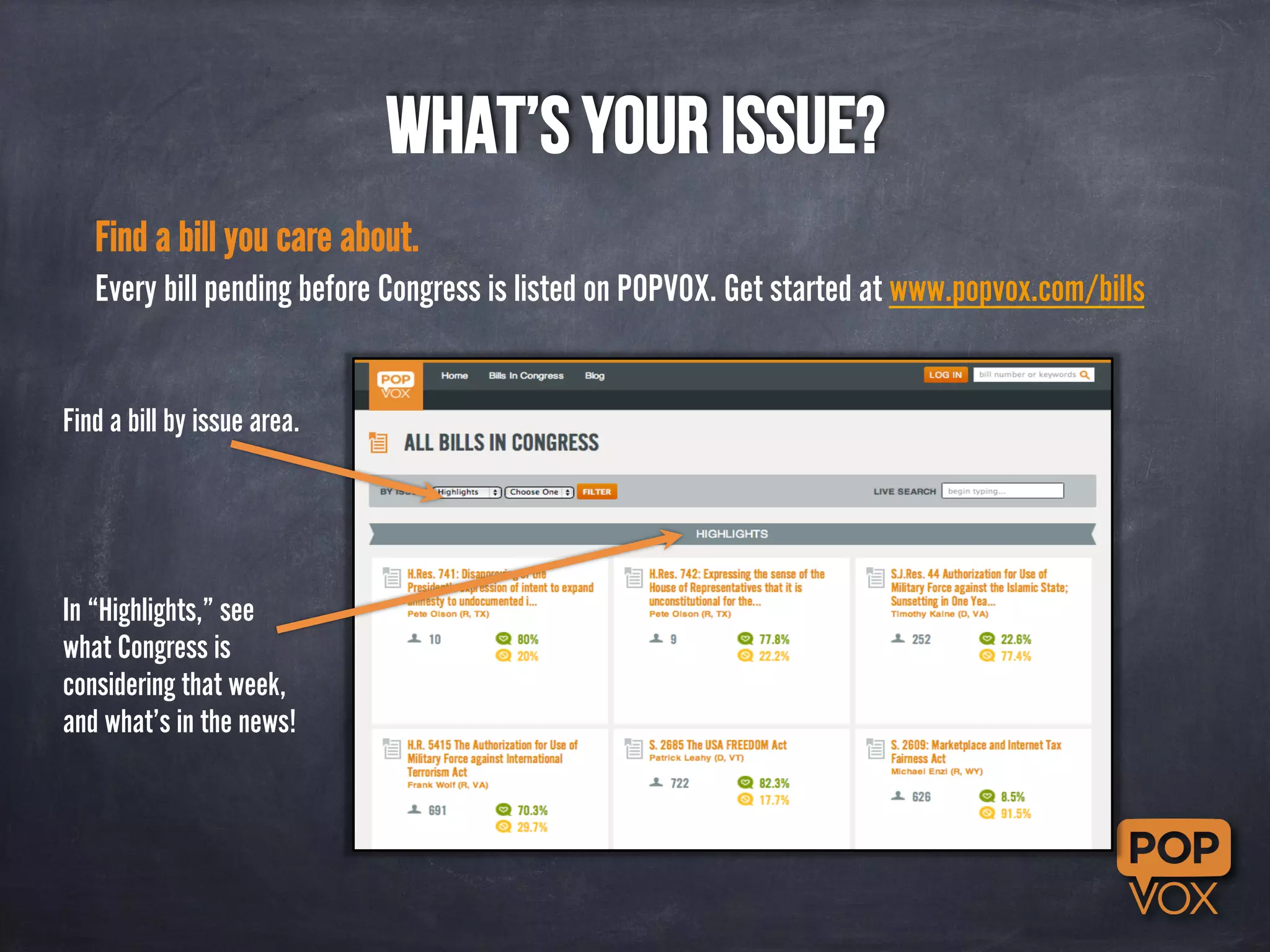 What’s Your Issue? 
Find a bill you care about. 
Every bill pending before Congress is listed on POPVOX. Get started at www.popvox.com/bills 
Find a bill by issue area. 
In “Highlights,” see 
what Congress is 
considering that week, 
and what’s in the news! 
 