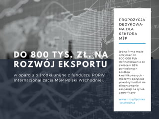 DO 800 TYS. ZŁ. NA
ROZWÓJ EKSPORTU
w oparciu o środki unijne z funduszu POPW
Internacjonalizacja MŚP Polski Wschodniej. 
PROPOZYCJA
DEDYKOWA-
NA DLA
SEKTORA
MŚP
jedna firma może
otrzymać do
800 000 PLN
dofinansowania ze
zwrotem 85%
poniesionych
kosztów
kwalifikowanych - 
możemy pozyskać
pokaźny budżet na
sfinansowanie
ekspansji na rynek
zagraniczny
www.itro.pl/polska
-wschodnia
 