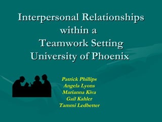 Interpersonal Relationships within a  Teamwork Setting University of Phoenix  Patrick Phillips Angela Lyons Marianna Kiva Gail Kahler Tammi Ledbetter Marianna Kiva 