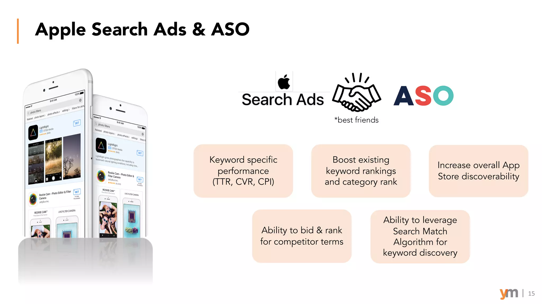 Apple Search Ads & ASO
15
Keyword specific
performance
(TTR, CVR, CPI)
Ability to bid & rank
for competitor terms
Boost existing
keyword rankings
and category rank
Increase overall App
Store discoverability
Ability to leverage
Search Match
Algorithm for
keyword discovery
*best friends
 