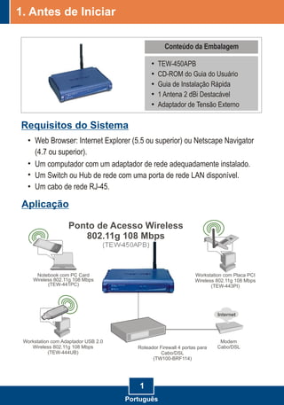 TEW-450APB
CD-ROM do Guia do Usuário
Guia de Instalação Rápida
1 Antena 2 dBi Destacável
Adaptador de Tensão Externo
Um computador com um adaptador de rede adequadamente instalado.
Um Switch ou Hub de rede com uma porta de rede LAN disponível.
Um cabo de rede RJ-45.
1
Ponto de Acesso Wireless
802.11g 108 Mbps
(TEW-450APB)
Notebook com PC Card
Wireless 802.11g 108 Mbps
(TEW-441PC)
Modem
Cabo/DSL
Internet
Workstation com Placa PCI
Wireless 802.11g 108 Mbps
(TEW-443PI)
Workstation com Adaptador USB 2.0
Wireless 802.11g 108 Mbps
(TEW-444UB)
Roteador Firewall 4 portas para
Cabo/DSL
(TW100-BRF114)
Requisitos do Sistema
Aplicação
Conteúdo da Embalagem
1. Antes de Iniciar
Português
Web Browser: Internet Explorer (5.5 ou superior) ou Netscape Navigator
(4.7 ou superior).
 