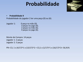 Probabilidade
• Probabilidade 9
Probabilidade do jogador 2 ter uma peça (0) ou (6).
Jogador 1: 0 peça na mão (0).
3 peças no jogo (0).
2 peças na mão (6).
4 peças no jogo (6).
Monte de Compra: 14 peças
Jogador 1: 2 peças
Jogador 2: 3 peças
P9= C3, 1 x (4/17)^1 x (13/17)^2 + C3,1 x (1/17)^1 x (16/17)^2= 56,91%
 