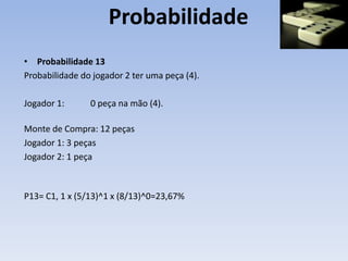 Probabilidade
• Probabilidade 13
Probabilidade do jogador 2 ter uma peça (4).
Jogador 1: 0 peça na mão (4).
Monte de Compra: 12 peças
Jogador 1: 3 peças
Jogador 2: 1 peça
P13= C1, 1 x (5/13)^1 x (8/13)^0=23,67%
 