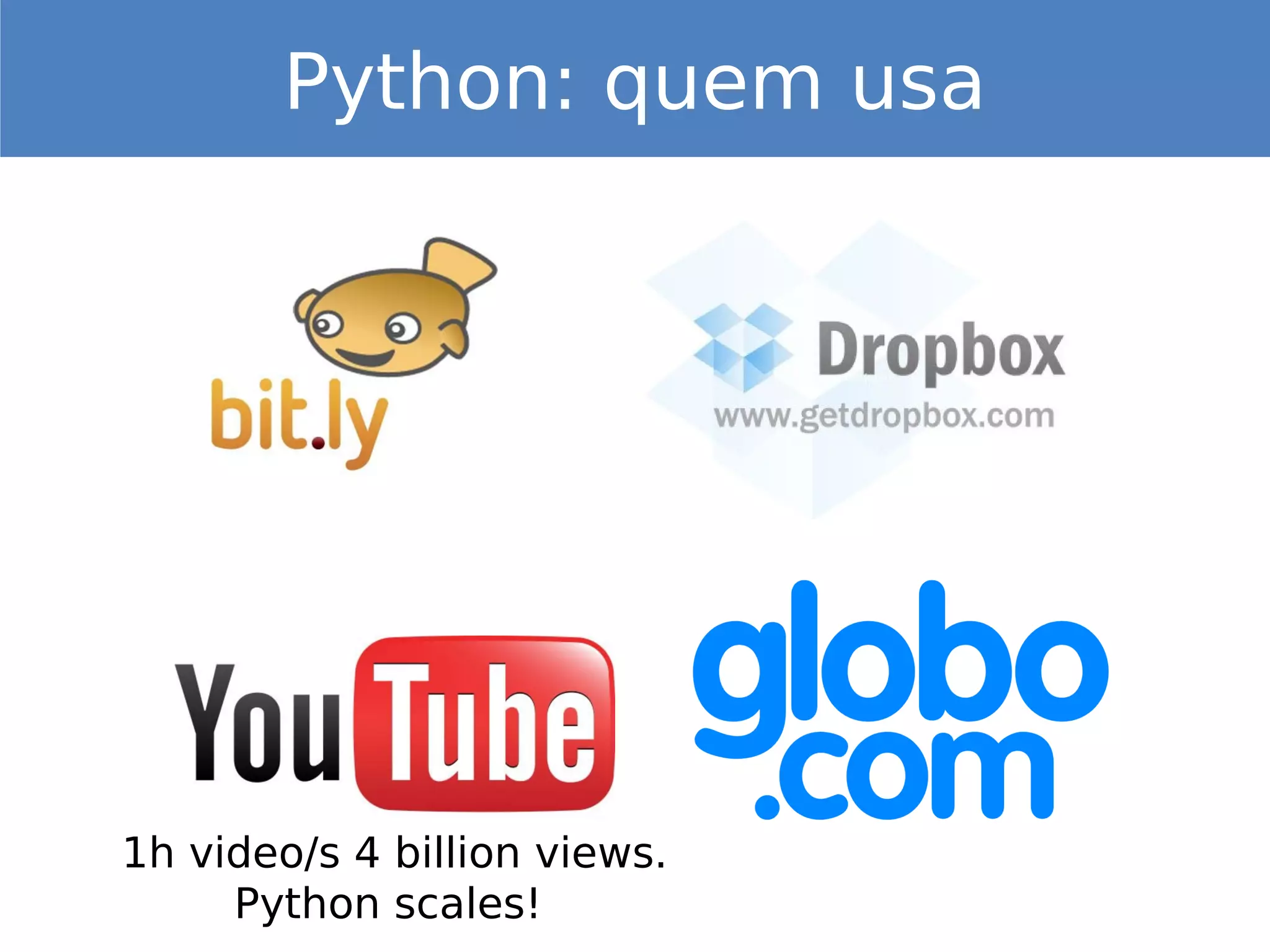 1h video/s 4 billion views.
Python scales!
Python: quem usa
 