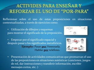 Reflexionar sobre el uso de estas preposiciones en situaciones 
contextualizadas, a través de ejercicios como: 
• Utilización de dibujos y esquemas 
para mostrar el significado de la preposición. 
• Empezar por el significado espacial y 
después pasar a los significados metafóricos. 
Ejemplo: Pasar por Venezuela. 
Hablar por teléfono. 
• Presentación de actividades comunicativas que promuevan el uso 
de las preposiciones en situaciones auténticas (canciones, juegos 
de rol, dar instrucciones y transferir información, escribir 
mensajes cortos, etc. ) 
 