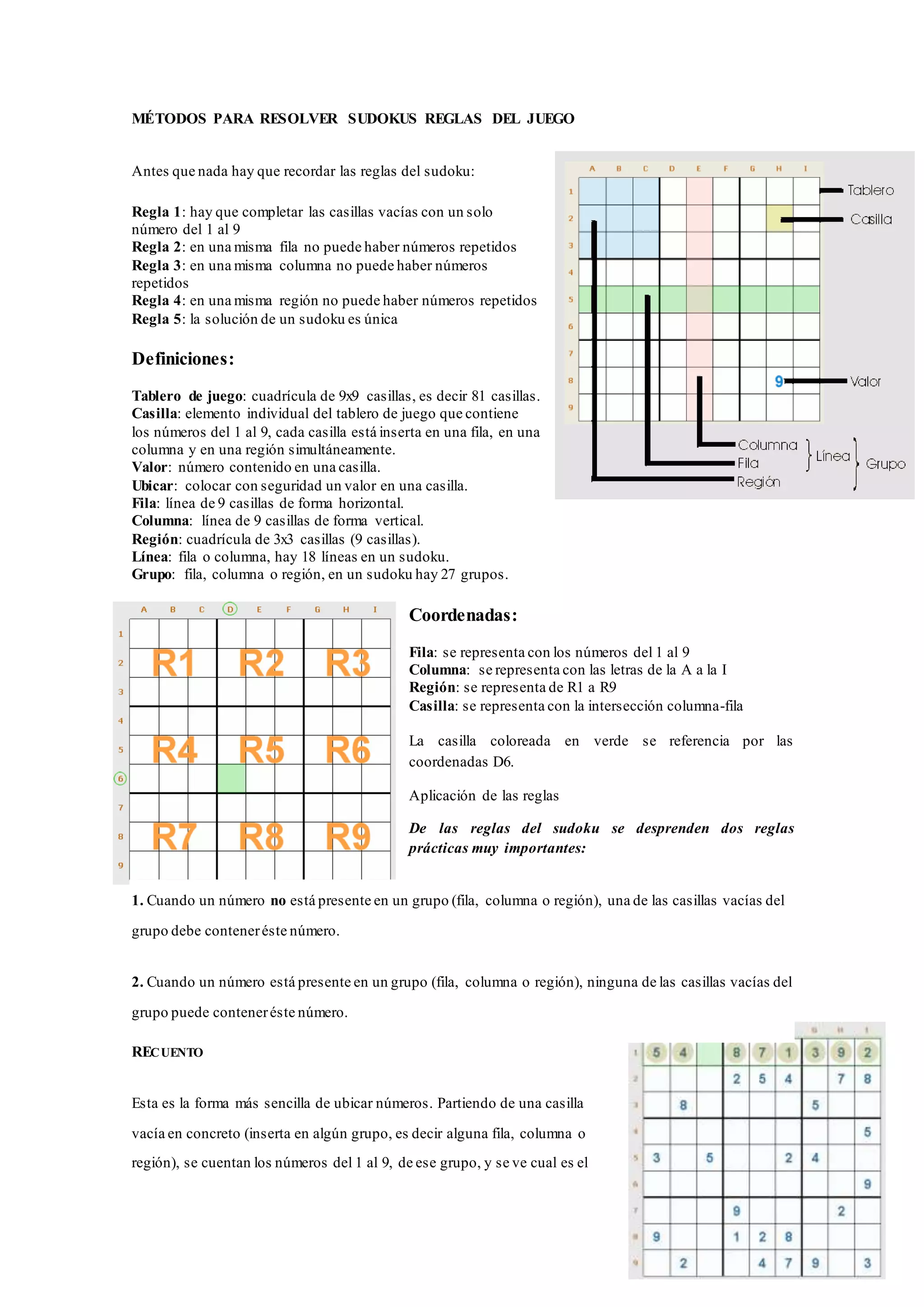 MÉTODOS PARA RESOLVER SUDOKUS REGLAS DEL JUEGO
Antes que nada hay que recordar las reglas del sudoku:
Regla 1: hay que completar las casillas vacías con un solo
número del 1 al 9
Regla 2: en una misma fila no puede haber números repetidos
Regla 3: en una misma columna no puede haber números
repetidos
Regla 4: en una misma región no puede haber números repetidos
Regla 5: la solución de un sudoku es única
Definiciones:
Tablero de juego: cuadrícula de 9x9 casillas, es decir 81 casillas.
Casilla: elemento individual del tablero de juego que contiene
los números del 1 al 9, cada casilla está inserta en una fila, en una
columna y en una región simultáneamente.
Valor: número contenido en una casilla.
Ubicar: colocar con seguridad un valor en una casilla.
Fila: línea de 9 casillas de forma horizontal.
Columna: línea de 9 casillas de forma vertical.
Región: cuadrícula de 3x3 casillas (9 casillas).
Línea: fila o columna, hay 18 líneas en un sudoku.
Grupo: fila, columna o región, en un sudoku hay 27 grupos.
Coordenadas:
Fila: se representa con los números del 1 al 9
Columna: se representa con las letras de la A a la I
Región: se representa de R1 a R9
Casilla: se representa con la intersección columna-fila
La casilla coloreada en verde se referencia por las
coordenadas D6.
Aplicación de las reglas
De las reglas del sudoku se desprenden dos reglas
prácticas muy importantes:
1. Cuando un número no está presente en un grupo (fila, columna o región), una de las casillas vacías del
grupo debe conteneréste número.
2. Cuando un número está presente en un grupo (fila, columna o región), ninguna de las casillas vacías del
grupo puede conteneréste número.
RECUENTO
Esta es la forma más sencilla de ubicar números. Partiendo de una casilla
vacía en concreto (inserta en algún grupo, es decir alguna fila, columna o
región), se cuentan los números del 1 al 9, de ese grupo, y se ve cual es el
 