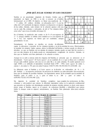 ¿POR QUÉ JUGAR SUDOKU EN LOS COLEGIOS?
Sudoku es un pasatiempo originario de Estados Unidos que se
popularizó en Japón en 1986 y se dio a conocer en el ámbito
internacional en el 2005. El objetivo es llenar una cuadrícula de 9
× 9 celdas (81 celdas), dividida en subcuadros de 3 × 3, con las
cifras del 1 al 9, partiendo de algunos números ya dispuestos en algunas
de las celdas. Además, cada número de la solución aparece sólo una
vez en cada fila, columna y subcuadro, de ahí el "los números deben
estar solos" que evoca el nombre del juego [1].
En el Sudoku, la cuadrícula más común es de 9 x 9 con regiones de
3 × 3, aunque también se utilizan otros tamaños (n x n con regiones de
√n x √n,). Las regiones no tienen qué ser cuadradas, aunque
generalmente lo son.
Normalmente el Sudoku se clasifica en niveles de dificultad,
según la relevancia y posición de los números iniciales y no de la cantidad de estos. Efectivamente,
la cantidad de números dados apenas afecta la dificultad del Sudoku e incluso puede no afectar en
absoluto ya que un Sudoku con un mínimo de números iniciales puede ser muy fácil de resolver y
uno con más números de la media puede ser extremadamente complicado de resolver. Además, se
dice que un Sudoku está bien planteado si la solución es única.
Aunque no se sabe a ciencia cierta los orígenes del Sudoku, se presume que su antecesor es el
denominado “Latin square”. El “Latin square”, en un cuadrado de n x n que se llena con n símbolos
tal que cada símbolo aparece solo una vez en cada fila y en cada columna. El cuadro apareció en el
siglo XVIII y es atribuido al matemático Leonhard Euler (1707 - 1783). Latin square de orden 1,
existen 1, de orden 4, 576 pero de orden 9 existen 5.524.751.496.156.892.842.531.2254.600. [2].
La diferencia entre el Sudoku y el Latin square es la división en subcuadros de √n x √n
del Sudoku y la respectiva restricción de presencia de símbolos en cada subcuadro. Esta restricción,
hace que la cantidad de posibles Sudokus, sea lógicamente menor. Se ha estimado que la cantidad de
Sudokus para el orden 1, es 1, para el orden 4, es 288 y para el orden 9,
6.670.903.752.021.072.936.960 [2,3].
Sin importar la cantidad de Sudokus completos (que cumplen las restricciones de filas,
columnas y sub-cuadros) que existen, la dificultad matemática radica en la explosión combinatorial
que presenta un Sudoku con determinada cantidad de números iniciales (pistas), es decir, entre menos
pistas tenga el Sudoku, mayor es el espacio de soluciones (factibles e infactibles) que existen
(tabla 1), aunque como se expresó anteriormente, un Sudoku bien planteado debe tener solución
única.
Pistas Cuadros en blanco Es pacio de soluciones
75 6 5,3144E+05
70 11 3,1300E+10
65 16 1,8530E+15
60 21 1,0942E+20
55 26 6,4611E+39
50 31 3,8152E+44
45 36 2,2528E+49
40 41 1,3303E+54
35 46 7,8552E+58
30 51 4,6384E+63
25 56 2,7389E+68
20 61 1,6173E+73
15 66 9,5500E+77
10 71 5,6392E+82
5 76 3,3299E+87
0 81 1,9663E+92
Tabla 1. Espacio de soluciones según la cantidad de pistas para el Sudoku de orden 9.
 