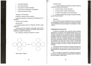 ····.···~··

•

(

) uma a9ao dinamica;

(

) uma a9ao planejada;

(

) uma a9ao de muta90es multiplas;

(

) urn processo de adapta9ao e readapta9ao;

(

) uma nova filosofia no agir.

T

0

conc1ufmos que:
( ) os objetos diferem do tamanho percebido conforme
o contexto em que estao inseridos;

a) aplica-se somente a alunos maiores;
b) permite realiza9ao de inferencias, identifica9ao de explica90es;
c) leva a tirar conc1usoes.
Item pictorico

o

material pict6rio pode ser fotografia, desenho, mapa,
gnlfico etc.
Os itens podem ser baseados na ilustra9ao como instrumento de comunica9ao da ideia ou a ilustra9ao sendo parte do
problema e exigindo interpreta9ao.
Ex.: Assinale as alternativas melhores e corretas.

o
o
000- 000
o
o

) os dois drculos centrais saD iguais;

(

) os dois drculos centrais saD diferentes;

(

Vantagens e desvantagens:

(

) 0

estudo da percep9ao e muito interessante;

(
) 0 estudo a respeito da percep9ao e objeto da Psicologia da Forma ou Gestalt

Vantagens:

o item pict6rico, pela visualiza9ao, favorece a apreensao
da informa9ao, permitindo ao aluno tirar conc1usoes e des envolver habilidades mentais adequadas constru9ao do conhecimento.

a

CRITERIO DE AVALIA<;AO

o criterio de avalia9ao, quer 0 professor utilize questoes
dissertativas ou objetivas, tera obrigatoriamente que ser urn
elemento para diagnosticar 0 rendimento escolar, verificandose quais os alunos que necessitam de ajuda ou atendimento
pedag6gico espedfico. Jamais urn aluno devera ser comparado
com outro, e sim com seu pr6prio progresso. As verifica90es
deverao ser constantes e contfnuas. Os testes nao mais deverao
ser utilizadoscomo
uma arma contra 0 aluno, causando-lhe
todo tipo de trauma. Deverao ser, acima de tudo, urn meio para
confirmar 0 progresso do aluno, 0 alcance dos objetivos estabelecidos.
o fracasso do aluno sera de fato 0 fracasso do mestre, que
foi incompetente em sua missao. Os criterios deverao ser
fundamentados na fidedignidade, validade e eficiencia da avalia9ao.
Para a corre9ao das questoes de disserta9ao 0 professor
devera usar urn criterio pr6prio, tanto quanta possivel objetivo,
para nao prejudicar algurn aluno.

 