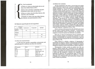 12) Relato dos resultados

Ex.: Sera considerado
a) 6timo se 0 aluno na disserta¥ao citar no mfnimo cinco'ideias basicas sobre ...
(Indicar cinco conceitose apresentar urn posicion amen to critico sobre urn dos fatos.)
b) Born se 0 aluno citar tres ideias basicas, dois
conceitos, uma conclusao.
c) Regular se 0 aluno citar duas ideias basicas,
urn conceito, urn posicionamento critico.

mental

Conhecimento

Compreensao

Aplica~ao

Outros sistemas referenciais tern sido adotados por nossas
escolas, como 0 ~istema referido a dominio - a performance
de uma determinada tarefa e interpretada em rela~ao a urn
conjunto ou classe de tarefas bem definidas ou dominio.

Conteudo
~
Objetivos

1,9
3,4

Avalia~ao

5,6

Tecnica

etc.

11) Chave de conceitos/notas
A cada uma das quest6es respondidas corretamente sera
atribuido grau 0,5, conforme esta chave de conceitos:
Graus

Conceitos

20 a 25

8,5 a 10,0

Excelente = Exc.

15 a 20

7,0 a 8,5

Medio Superior = MS

10 a 15

5,0 a 7,0

Medio=M

5 a 10

2,5 a 5,0

Medio Inferior = MI

Oa5

0,0 a 2,5

Insuficiente

N2 de quest5es

Na fase interpretativa dos testes 0 escore bruto tern significa¥ao irrelevante; e preciso que 0 professor estabele¥a urn referencial comparativo. Vma nota pode estar fundamentada numa
medida baseada em norma ou criterio. Segundo Medeiros,
"usam-se normas quando queremos comparar individuos para
c1assifica-los dentro do proprio grupo, e recorremos a criterios se
quisermos averiguar 0 grau de consecu¥ao de metas prefixadas.
Ainda que a norma refira-se a resultados praticos, os criterios
preocupam-se com metas ideais. As normas sao descri~6es realistas do "que e", e os criterios traduzem rea~6es desejadas
apontando "0 que deveria ser". Se as normas facilitam 0 cotejo
entre examinados, os criterios certificam a competencia de cada
pessoa numa area bem definida (dando base a reprova~ao de
quem nao alcan¥a certo nive}). Para distribuir alunos em grupos
relativamente homogeneos empregam-se normas; para adrnitir
novos alunos usam-se criterios, exigindo-lhes para entrada a
demonstra~ao de dorninio dos conhecimentos e habilidades tidas
como pre-requisitos" (Medeiros 1976, p. 235).

certas

= Ins.

Para isso, os itens do instrumento devem constituir uma
amostra aleatoria simples ou estratificada, podendo-se, assim,
estimar a probabilidade de responder corretamente 0 que urn
individuo ou grupo alcan~ara num universo de perguntas (Santarosa 1978, p. 45).
Outro sistema e 0 referido a objetivos. 0 desempenho e
interpretado em rela~ao ao objetivo comportamental preestabelecido, seja de urn estudante como do grupo. Considera~se 0 grau de
obten¥ao de respostas corretas relacionadas ao objetivo especifico.
Teoricamente e otimo, porem na pratica tern sido urn
desastre. Muitas escolas que 0 incluiram em seu regimento
continuam por for~a de lei a adota-lo, porem ocorre que muitas
crian¥as com padr6es de aproveitamento born sao reprovadas
e outras que nao atingiram 0 domfnio dos con~eudos, mas
atingiram os objetivos, sao consideradas aptas. E obvio que
algo esta errado quanto a aplica¥ao dos objetivos e a devida
avalia~ao, mas 0 lamentavel e que muitfssimas crian~as estao
sendo vitimas do problema.
.

 