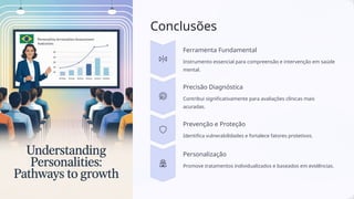 Conclusões
Ferramenta Fundamental
Instrumento essencial para compreensão e intervenção em saúde
mental.
Precisão Diagnóstica
Contribui significativamente para avaliações clínicas mais
acuradas.
Prevenção e Proteção
Identifica vulnerabilidades e fortalece fatores protetivos.
Personalização
Promove tratamentos individualizados e baseados em evidências.
 