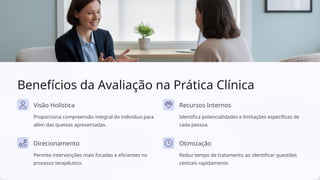 Benefícios da Avaliação na Prática Clínica
Visão Holística
Proporciona compreensão integral do indivíduo para
além das queixas apresentadas.
Recursos Internos
Identifica potencialidades e limitações específicas de
cada pessoa.
Direcionamento
Permite intervenções mais focadas e eficientes no
processo terapêutico.
Otimização
Reduz tempo de tratamento ao identificar questões
centrais rapidamente.
 
