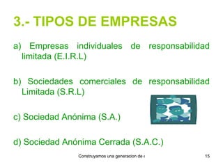 3.- TIPOS DE EMPRESAS a) Empresas individuales de responsabilidad limitada (E.I.R.L) b) Sociedades comerciales de responsabilidad Limitada (S.R.L) c) Sociedad Anónima (S.A.) d) Sociedad Anónima Cerrada (S.A.C.) 