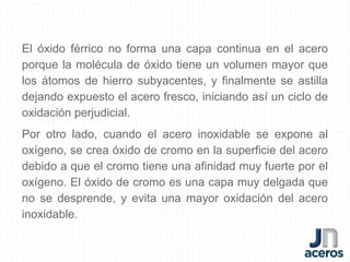 El óxido férrico no forma una capa continua en el acero
porque la molécula de óxido tiene un volumen mayor que
los átomos de hierro subyacentes, y finalmente se astilla
dejando expuesto el acero fresco, iniciando así un ciclo de
oxidación perjudicial.
Por otro lado, cuando el acero inoxidable se expone al
oxígeno, se crea óxido de cromo en la superficie del acero
debido a que el cromo tiene una afinidad muy fuerte por el
oxígeno. El óxido de cromo es una capa muy delgada que
no se desprende, y evita una mayor oxidación del acero
inoxidable.
 