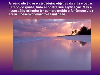 A realidade é que o verdadeiro objetivo da vida é outro. Entendido qual é, tudo encontra sua explicação. Mas é necessário primeiro ter compreendido o fenômeno vida em seu desenvolvimento e finalidade.  