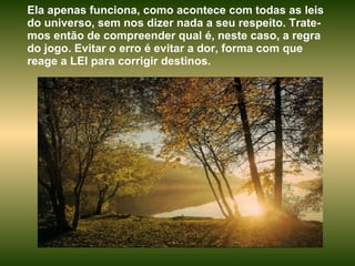 Ela apenas funciona, como acontece com todas as leis do universo, sem nos dizer nada a seu respeito. Trate-mos então de compreender qual é, neste caso, a regra do jogo. Evitar o erro é evitar a dor, forma com que reage a LEI para corrigir destinos.  