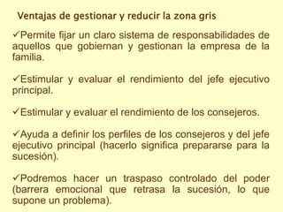 Ventajas de gestionar y reducir la zona gris

Permite fijar un claro sistema de responsabilidades de
aquellos que gobiernan y gestionan la empresa de la
familia.

Estimular y evaluar el rendimiento del jefe ejecutivo
principal.

Estimular y evaluar el rendimiento de los consejeros.

Ayuda a definir los perfiles de los consejeros y del jefe
ejecutivo principal (hacerlo significa prepararse para la
sucesión).

Podremos hacer un traspaso controlado del poder
(barrera emocional que retrasa la sucesión, lo que
supone un problema).
 