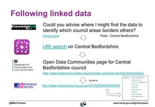 Following linked data 
Could you advise where I might find the data to 
identify which council areas borders others? 
Forum post Peter, Central Bedfordshire 
URI search on Central Bedfordshire 
Open Data Communities page for Central 
Bedfordshire council 
http://opendatacommunities.org/id/unitary-authority/central-bedfordshire 
governs 
http://data.ordnancesurvey.co.uk/id/7000000000043870 
@MikeThacker www.local.gov.uk/lginformplus 
