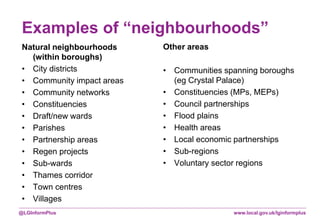 www.local.gov.uk/lginformplus@LGInformPlus
Examples of “neighbourhoods”
Natural neighbourhoods
(within boroughs)
• City districts
• Community impact areas
• Community networks
• Constituencies
• Draft/new wards
• Parishes
• Partnership areas
• Regen projects
• Sub-wards
• Thames corridor
• Town centres
• Villages
Other areas
• Communities spanning boroughs
(eg Crystal Palace)
• Constituencies (MPs, MEPs)
• Council partnerships
• Flood plains
• Health areas
• Local economic partnerships
• Sub-regions
• Voluntary sector regions
 