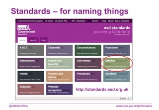 www.local.gov.uk/lginformplus@LGInformPlus
Standards – for naming things
http://standards.esd.org.uk
 