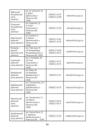 41
Дубенський
міськрайонний
центр
зайнятості
вул. Д. Галицького, 26
м. Дубно
Дубенський р-н
Рівненська обл.
35600
(03656) 3-24-42
(03656) 4-22-88
ndubno@rvocz.gov.ua
Острозький
міськрайонний
центр
зайнятості
вул. Кривоноса, 32
м. Острог
Острозький р-н
Рівненська обл.
35800
(03654) 2-23-45 nostrog@rvocz.gov.ua
Березнівський
районний
центр зайнятості
вул. Буховича, 6
м. Березне
Березнівський р-н
Рівненська обл.
34600
(03653) 5-51-85
(03653) 5-35-78
nberezno@rvocz.gov.ua
Володими-
рецький
районний центр
зайнятості
вул. Повстанців, 45
смт Володимирець
Володимирецький р-н
Рівненська обл. 34300
(03634) 2-56-68
(03634) 2-58-72
nvolodim@rvocz.gov.ua
Гощанський
районний
центр зайнятості
вул. С.Наливайка, 50
смт Гоща
Гощанський р-н
Рівненська обл.
35400
(03650) 2-10-57
(03650) 2-24-70
ngoscha@rvocz.gov.ua
Демидівський
районний
центр зайнятості
вул. Миру, 46
смт Демидівка
Демидівський р-н
Рівненська обл.
35200
(03637) 6-21-14 ndemydiv@rvocz.gov.ua
Дубровицький
районний
центр зайнятості
вул. Гольшанських, 23-а
м.Дубровиця
Дубровицький р-н
Рівненська обл.
35600
(03658) 2-02-70 ndubrovic@rvocz.gov.ua
Зарічненський
районний
центр
зайнятості
вул. Грушевського, 1-а
смт Зарічне
Зарічненський р-н
Рівненська обл.
34000
(03632) 3-05-18
(03632) 3-09-21
nzarichne@rvocz.gov.ua
Здолбунівський
районний
центр зайнятості
вул. Княгині Ольги, 10
м. Здолбунів
Здолбунівський р-н
Рівненська обл. 35700
(03652) 2-53-29 nzdolbuno@rvocz.gov.ua
 