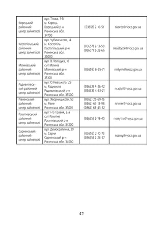 42
Корецький
районний
центр зайнятості
вул. Тітова, 1-б
м. Корець
Корецький р-н
Рівненська обл.
34700
(03651) 2-10-51 nkorec@rvocz.gov.ua
Костопільський
районний
центр зайнятості
вул. Чубинського, 14
м. Костопіль
Костопільський р-н
Рівненська обл.
35000
(03657) 2-13-58
(03657) 2-32-66
nkostopol@rvocz.gov.ua
Млинівський
районний
центр зайнятості
вул. В.Поліщука, 16
смт Млинів
Млинівський р-н
Рівненська обл.
35100
(03659) 6-55-71 nmlyniv@rvocz.gov.ua
Радивилівсь-
кий районний
центр зайнятості
вул. О.Невського, 29
м. Радивилів
Радивилівський р-н
Рівненська обл. 35500
(03633) 4-26-72
(03633) 4-33-21
nradivil@rvocz.gov.ua
Рівненський
районний
центр зайнятості
вул. Яворницького, 53
м. Рівне
Рівненська обл. 33001
(0362) 26-69-16
(0362) 63-13-98
(0362) 63-43-32
nrivner@rvocz.gov.ua
Рокитнівський
районний
центр зайнятості
вул.1-го Травня, 2-а
смт Рокитне
Рокитнівський р-н
Рівненська обл. 34200
(03635) 2-19-40 nrokytno@rvocz.gov.ua
Сарненський
районний
центр зайнятості
вул. Демократична, 29
м. Сарни
Сарненський р-н
Рівненська обл. 34500
(03655) 2-10-73
(03655) 2-26-57
nsarny@rvocz.gov.ua
 