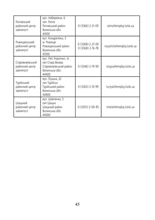 45
Ратнівський
районний центр
зайнятості
вул. Набережна, 6
смт. Ратно
Ратнівський район
Волинська обл.
44100
0 (3366) 2-21-09 ratno@employ.lutsk.ua
Рожищенський
районний центр
зайнятості
вул. Кондратюка, 3
м. Рожище
Рожищенський район
Волинська обл.
45100
0 (3368) 2-27-00
0 (3368) 2-16-78
rosyshche@employ.lutsk.ua
Старовижівський
районний центр
зайнятості
вул. Лесі Українки, 1а
смт Стара Вижва
Старовижівський район
Волинська обл.
44400
0 (3346) 2-19-90 stvyjva@employ.lutsk.ua
Турійський
районний центр
зайнятості
вул. Луцька, 22
смт Турійськ
Турійський район
Волинська обл.
44800
0 (3363) 2-10-99 turiysk@employ.lutsk.ua
Шацький
районний центр
зайнятості
вул. Шевченка, 5
смт Шацьк
Шацький район
Волинська обл.
44000
0 (3355) 2-00-85 shatsk@employ.lutsk.ua
 